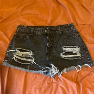 Distressed Black Denim Shorts